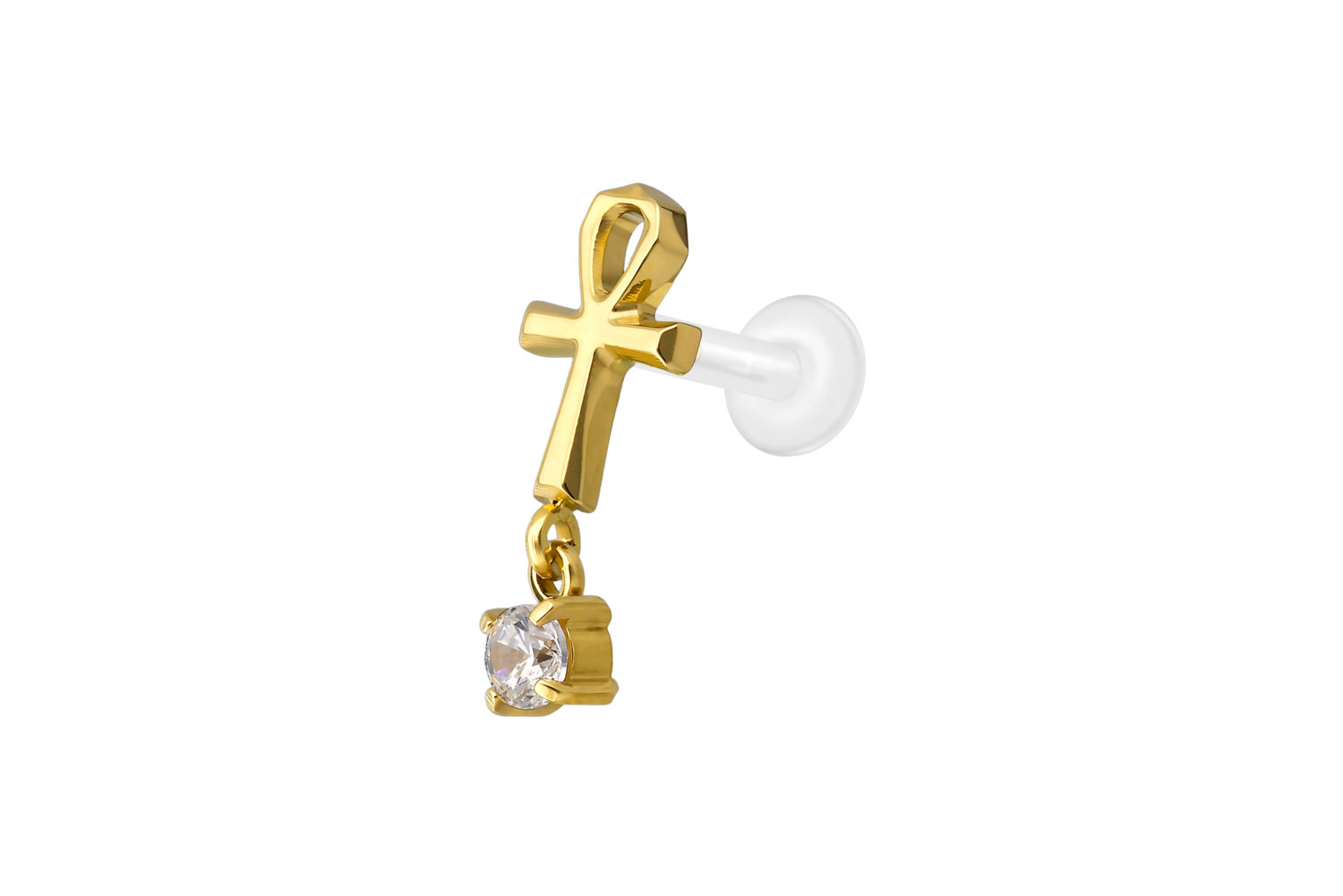 PTFE Labret Piercing mit Innengewinde + Titan-Aufsatz ANKH + KRISTALL